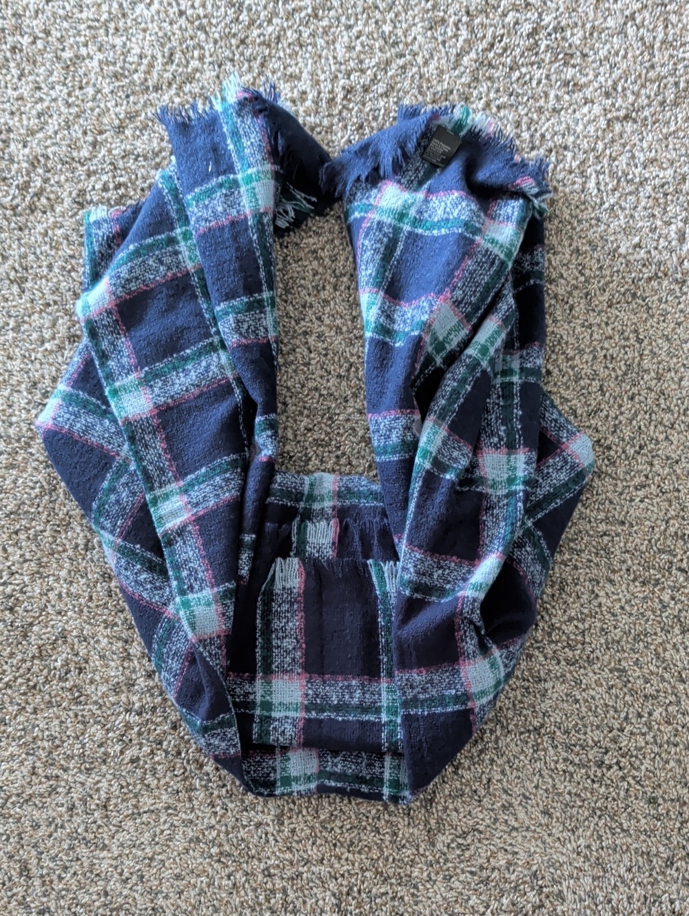 Navy Plaid Fringe Scarf with Green & Pink Accents
